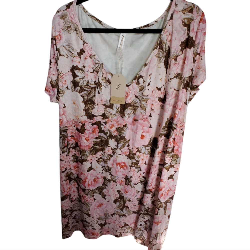 Zoolucky Floral V-neck Short Sleeve Dress Size 1x Pink